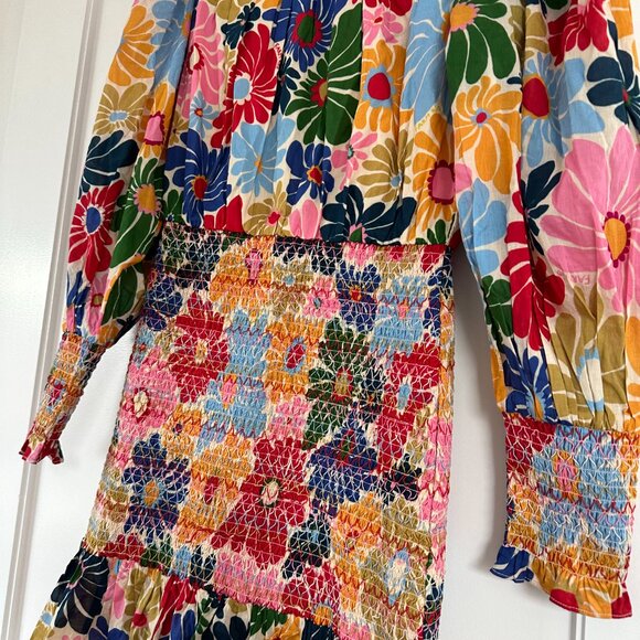 Farm Rio Sunny Daisies Mini Dress Floral Smocked High Neck Puff Sleeves Size XS - Picture 7 of 10